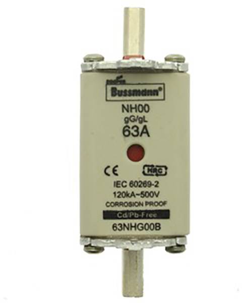 Sicherung NH00 gG/gL 63A, Marke Bussmann, CE-Zertifizierung, IEC 60269-2, 120kA-500V, ohne Cadmium oder Blei, Artikelnummer 63NHG00B.