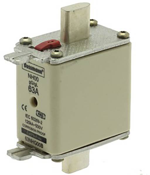 Ein NH-Sicherungseinsatz, Typ NH00, mit einer Stromstärke von 63A. Beige Gehäuse, mit roten und silbernen Elementen.