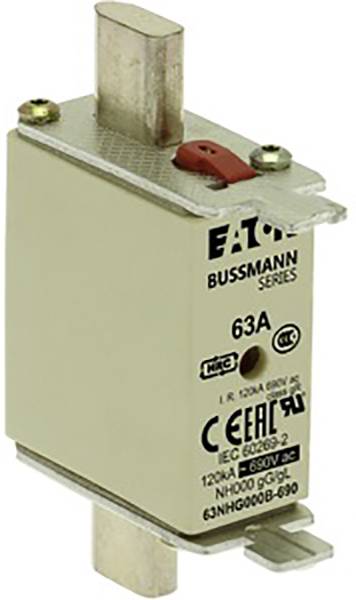 Elektrischer NH-Sicherungseinsatz der Marke Eaton, Bussmann-Serie. Beschriftung zeigt 63A, 120kA 500V AC, IEC 60269-2 Standard.