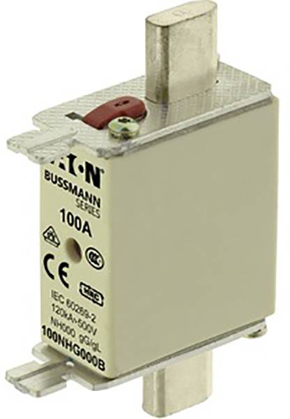 Ein Sicherungseinsatz der Marke Eaton Bussmann Series, 100A Nennstrom, mit CE-Zeichen und Produktcode 100NHG000B.