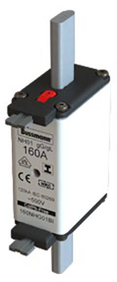 Ein weißer NH-Sicherungseinsatz mit 160A Nennstrom, Markenlogo oben, rote Sicherungsanzeige und technische Symbole auf der Vorderseite.