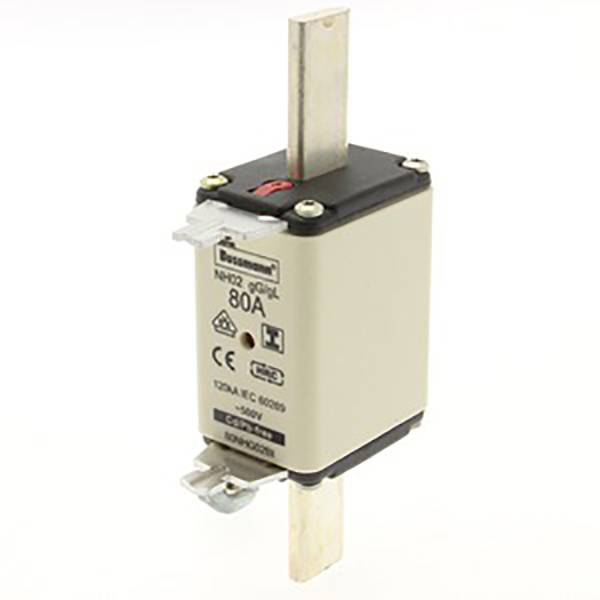 Sicherung NH2 80A 500V, NH00 original, Bussmann, mit CE- und UKCA-Zeichen, vertikale Kontakte oben und unten, Gehäuse in Beige.