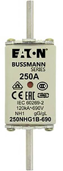 Ein NH-Sicherungseinsatz der Marke Eaton Bussmann Series mit 250A. Geeignet für 120kA-690V, nach Norm IEC 60269-2.