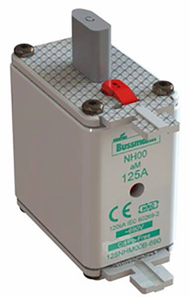 Sicherungseinsatz mit Aufschrift 'NH00 125A'. Quadratische Bauform in Weiß mit rotem Hebel und grünen Markierungen.