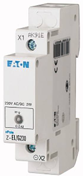 Ein weißer elektrischer Schalter von Eaton mit blauer Schrift auf Vorderseite, seitlich montiert, zeigt Beschriftungen '230V AC/DC 2W'.