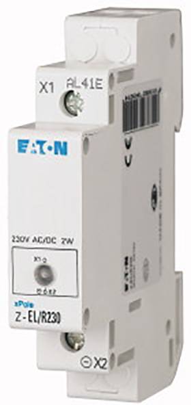 Ein weißer elektrischer Schalter mit blauen Akzenten und Beschriftung 'EATON', geeignet für 230V AC/DC, montierbar auf DIN-Schiene.