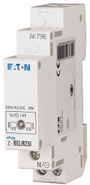 Ein Elektromechanisches Relais der Marke Eaton, Modell Z-BE1/R230, für die Hutschienenmontage mit technischen Spezifikationen aufgedruckt.