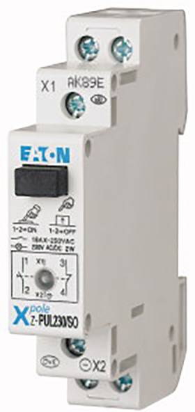 Ein weißes elektrisches Relais von EATON, Modell Xpole Z-PU230/50, für den Schutz elektrischer Systeme, mit Bedienelementen und Schraubklemmen.
