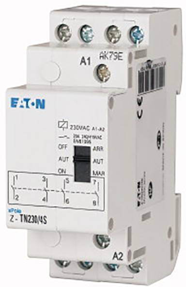 Ein Schaltschütz der Marke Eaton, Modell Z-TN230/4S, mit Anschlüssen oben und unten. Geeignet für 230V/50Hz.