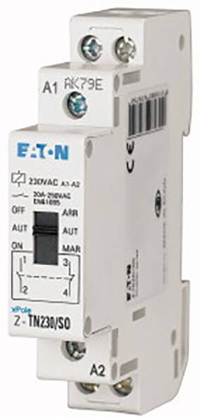 Ein weißes elektronisches Modul von Eaton für 230V AC mit Schalterstellungen 'AUTO', 'AUF', 'MAR', 'AUS'.