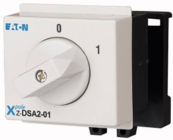 Ein weißer Schalter mit Aufschrift '0' und '1', oben links das Logo der Marke 'Eaton'. Modellbezeichnung: Xpole Z-DSA2-01.