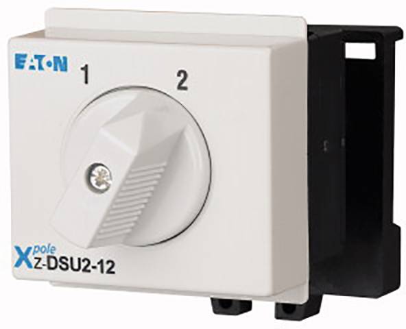 Elektro-Schalter von Eaton, Modell Xz-DSU2-12, mit zwei Positionen: 1 und 2. Weißes Gehäuse mit schwarzem Hintergrund.