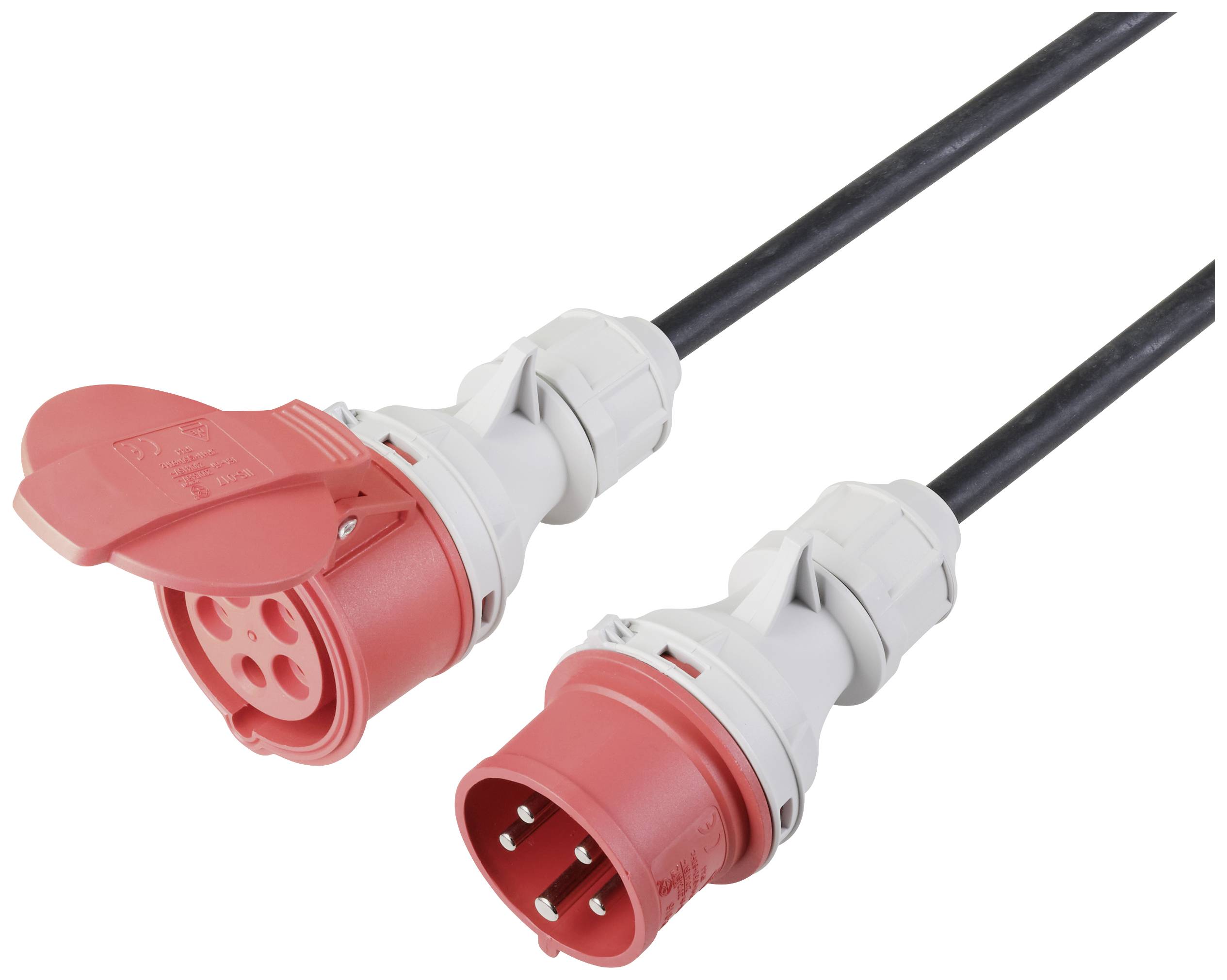 Zwei rote Industriestecker mit schwarzen Kabeln auf weißem Hintergrund. Links eine Kupplung mit Abdeckung, rechts ein Stecker mit vier Pins.