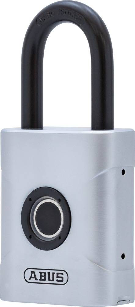 Ein silbernes Vorhängeschloss mit einem runden Sensor in der Mitte und der Aufschrift 'ABUS' am unteren Rand.