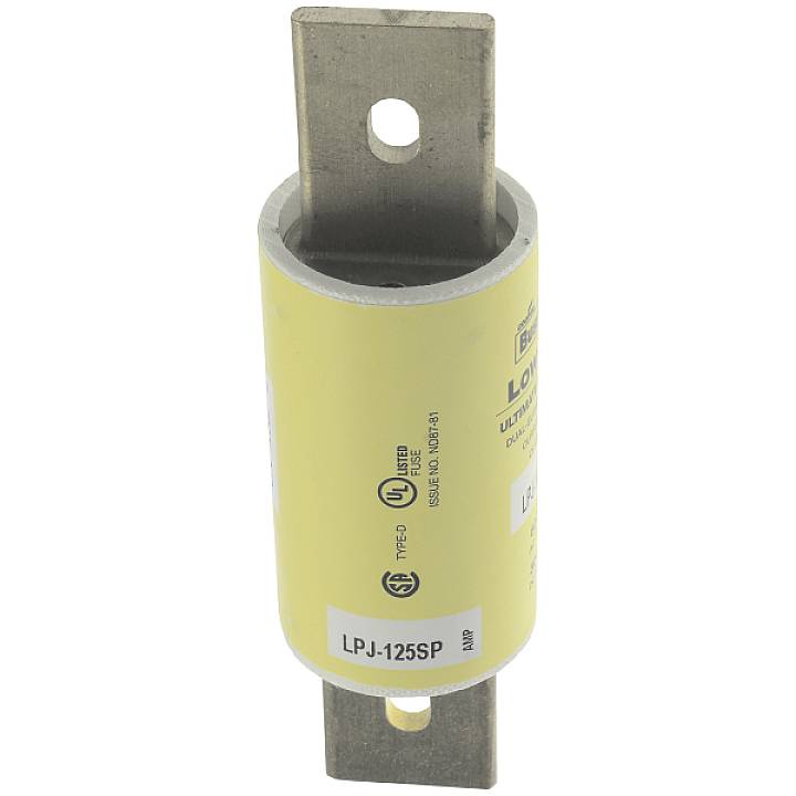Sicherung LPJ-125SP, gelber Zylinder, UL-zertifiziert, mit zwei flachen Metallkontakten für elektrische Installationen.