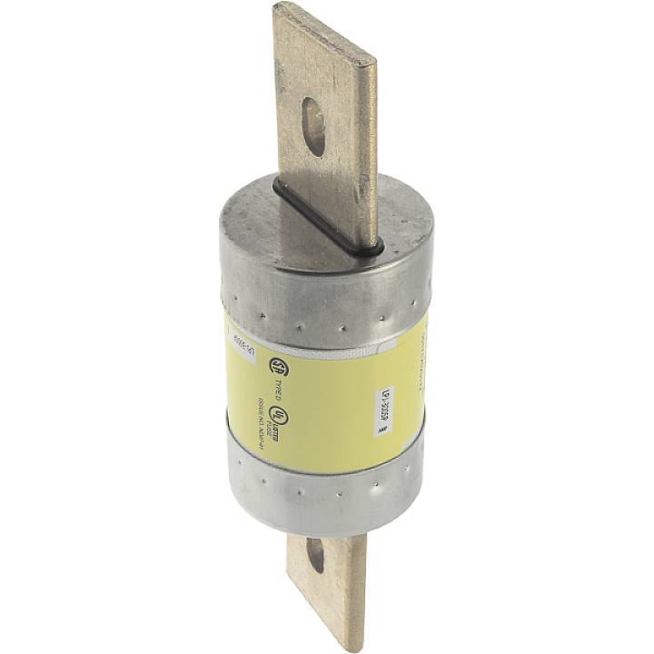 Ein zylindrischer Sicherungseinsatz aus Metall mit gelbem Etikett, zwei flachen Metallanschlüssen an den Enden. Geeignet für elektrische Anwendungen.