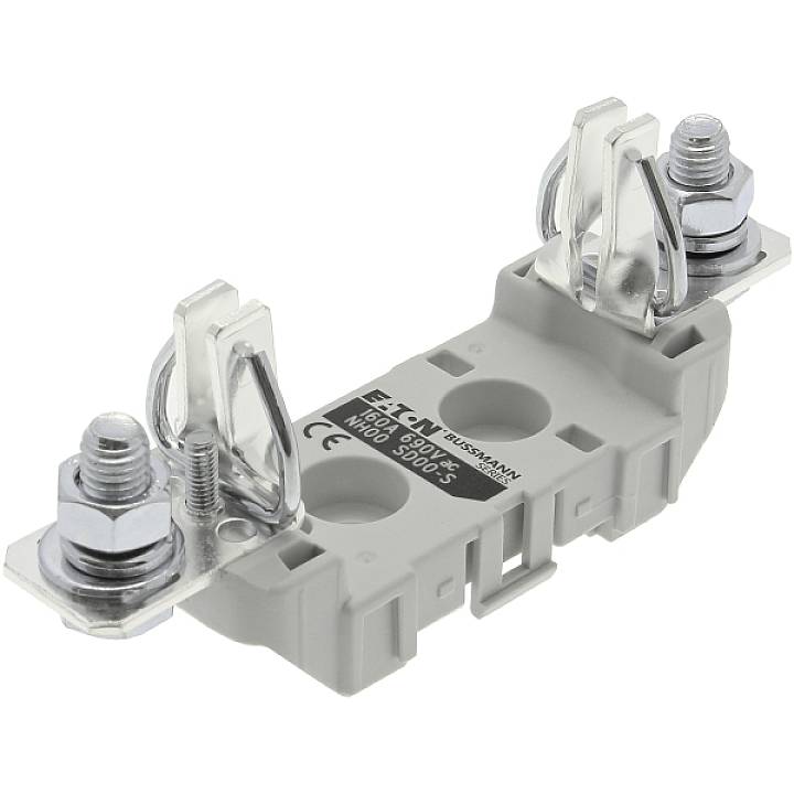 Ein grauer Sicherungshalter mit Metallanschlüssen, geeignet für Sicherungen der Größe NH00, montierbar auf DIN-Schiene in Elektronikgehäusen.