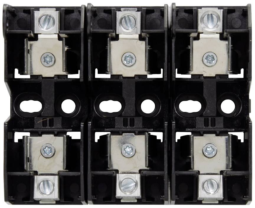 Montageplatte mit sechs Sicherungshaltern, jeweils zwei Schrauben pro Halter. Sie dienen der Befestigung von Sicherungen in elektrischen Anlagen.