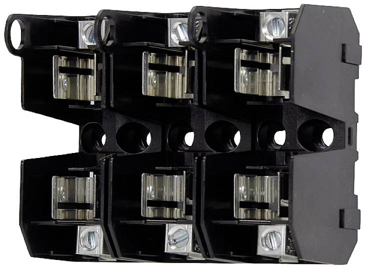 Schwarzer, mehrpoliger elektrischer Anschlussblock mit transparenten Abdeckungen und Metallschrauben, zur sicheren Verkabelung.