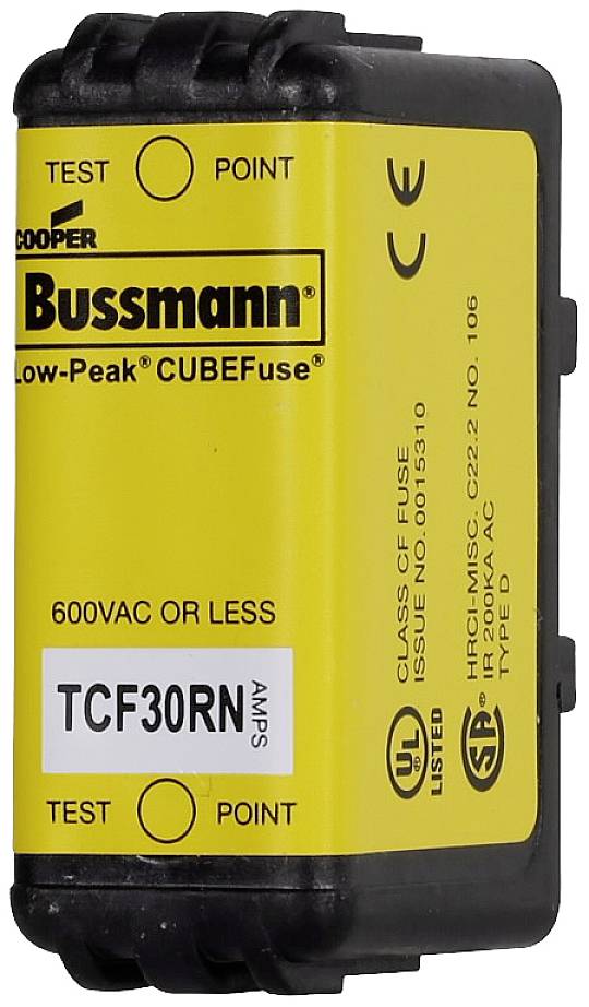 Ein gelber Niederspannungs-Cubefuse-Sicherungseinsatz von Bussmann mit der Aufschrift 'TCF30RN 30A 600VAC oder weniger'. CE und UL-Zeichen sichtbar.