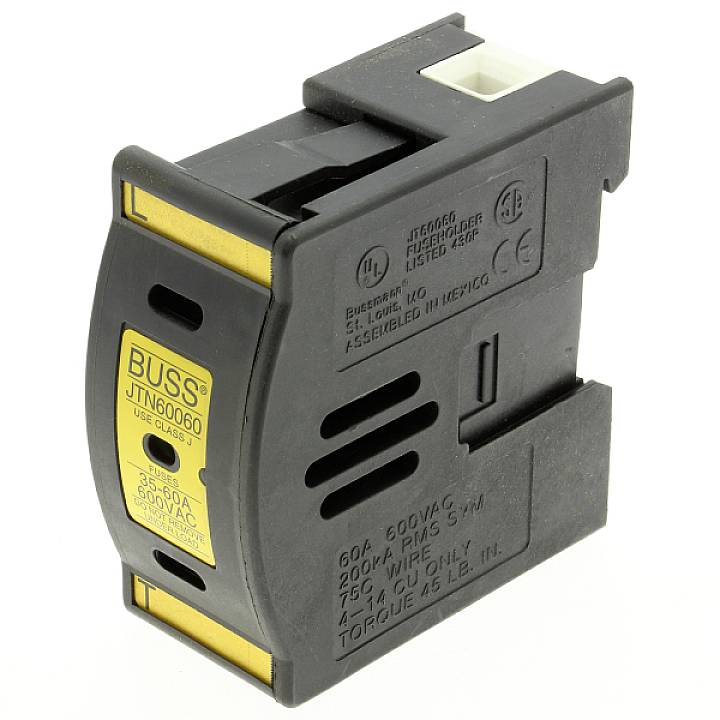 Eine schwarze elektrische Sicherung mit gelbem Etikett, auf dem 'BUSS' steht. Sie ist für 30 Ampere und 600 Volt ausgelegt, in Mexiko hergestellt.