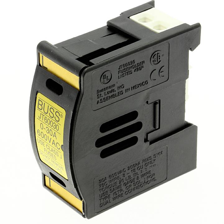 Ein schwarzer elektrischer Sicherungshalter mit gelbem Etikett, beschriftet mit 'Buss', ausgelegt für 600 Volt AC und 30 Ampere.