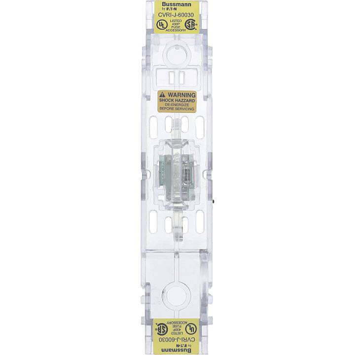 Elektrische Sicherung in transparenter Halterung mit gelben Etiketten und Warnhinweisen, geeignet für industrielle Anwendungen.