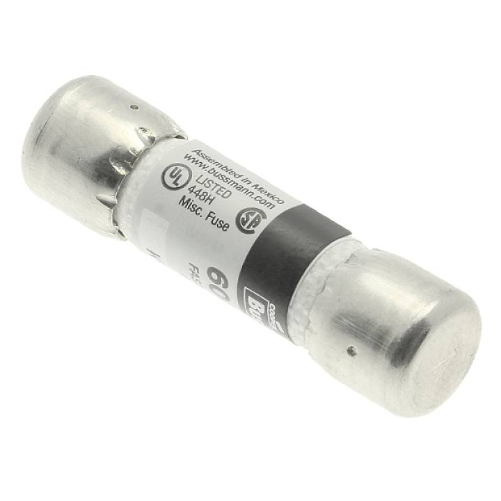 Schmelzsicherung mit Beschriftung '60A 600V' auf der Seite; zylindrische Form, Metallkappen an beiden Enden, schwarze Mittelband.