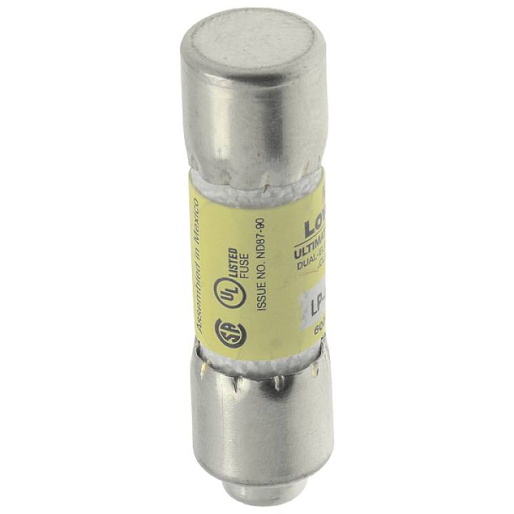 Eine zylindrische Sicherung mit gelbem Etikett, auf dem 'Dual-Element, Time-Delay' steht. Geeignet für elektrische Anwendungen.