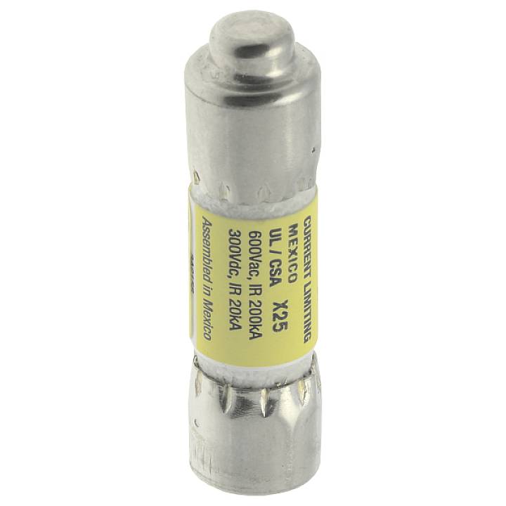 Eine silberne elektrische Sicherung mit einem gelben Etikett zeigt technische Spezifikationen wie '600V' und '20KA'.