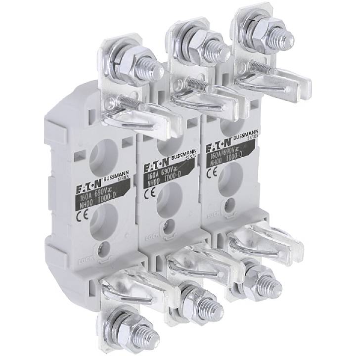 Ein dreifacher NH-Sicherungslasttrennschalter von Eaton für 160 A, 500 V~; geeignet für NH00-Sicherungen, mit transparenter Abdeckung.