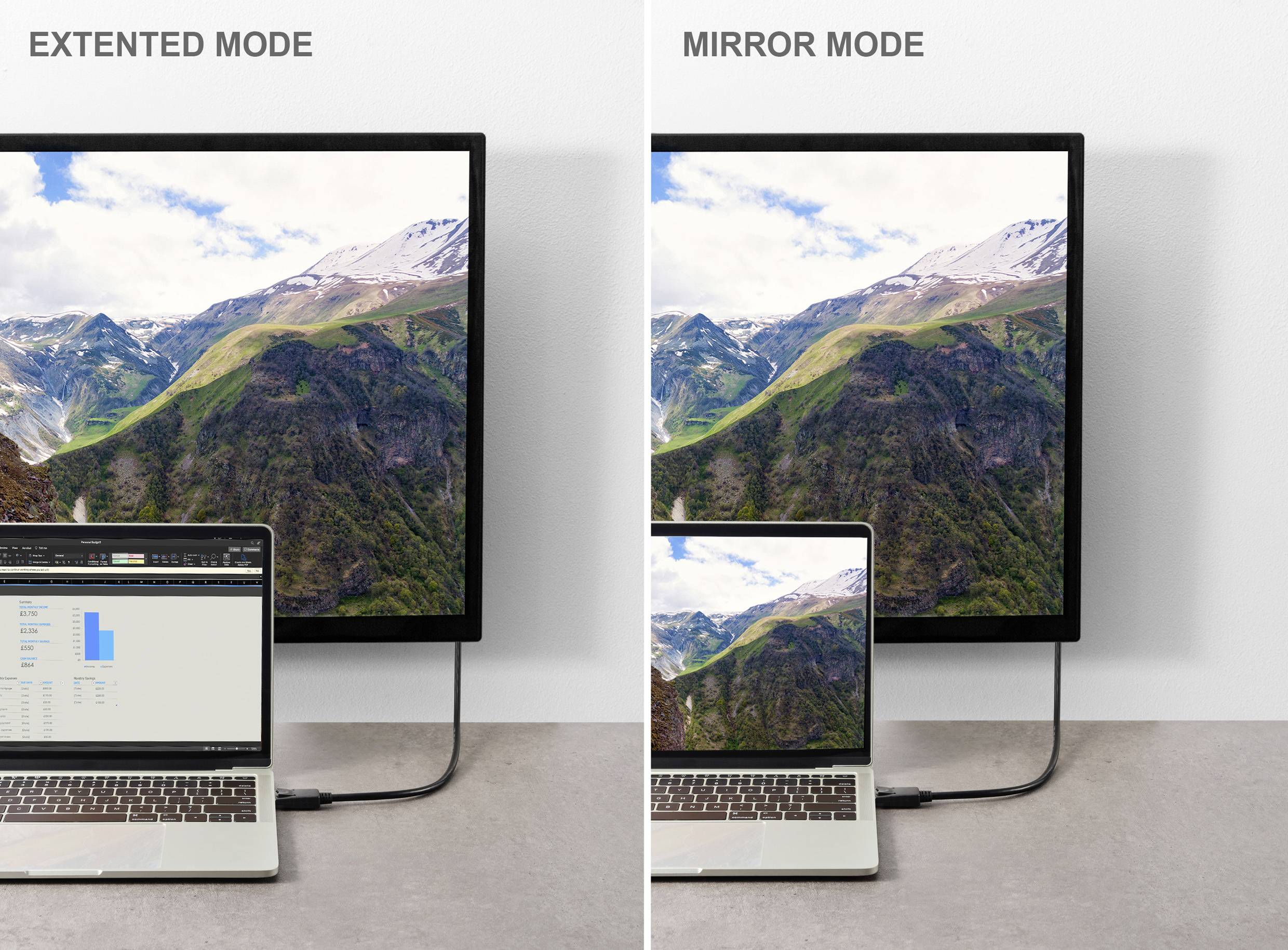 Bild zeigt zwei Bildschirmmodi: Links 'Erweiterter Modus' mit Laptop-Monitoren unterschiedlicher Inhalte, rechts 'Spiegelmodus' mit identischen Inhalten.
