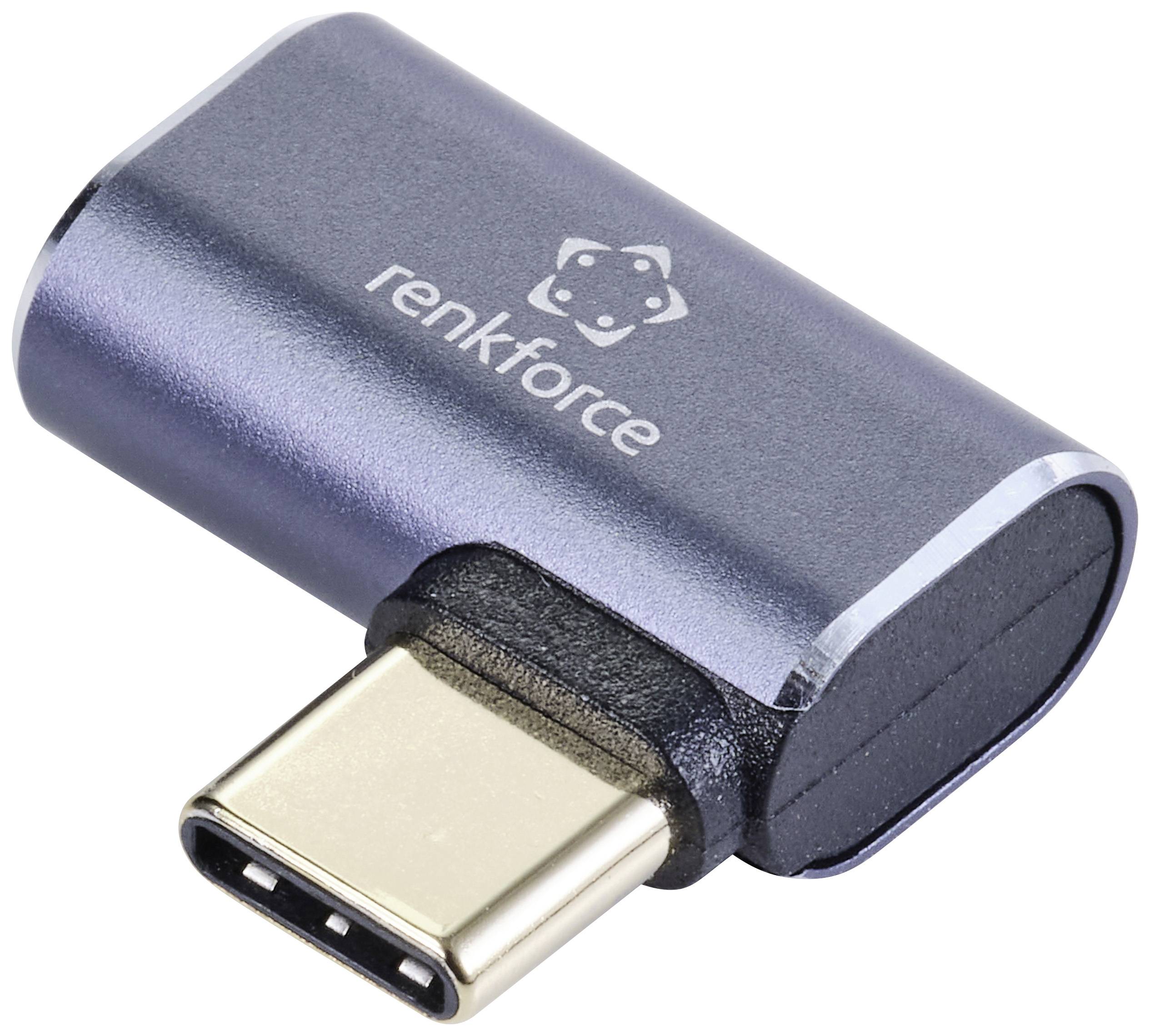Ein silbernes USB-C-Adapter von Renkforce, kompakt und rechteckig, dient zur Verbindung von Geräten mit USB-C-Anschlüssen.