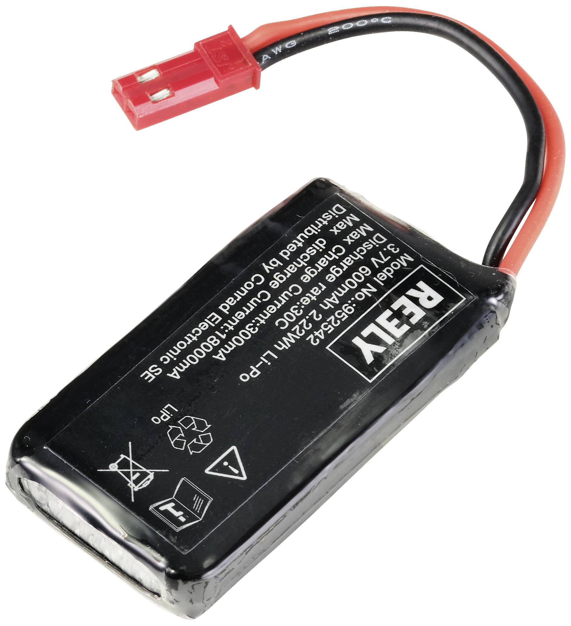 Ein rechteckiger, schwarzer Akku mit roten und schwarzen Anschlusskabeln. Aufdruck zeigt technische Spezifikationen und Symbole.