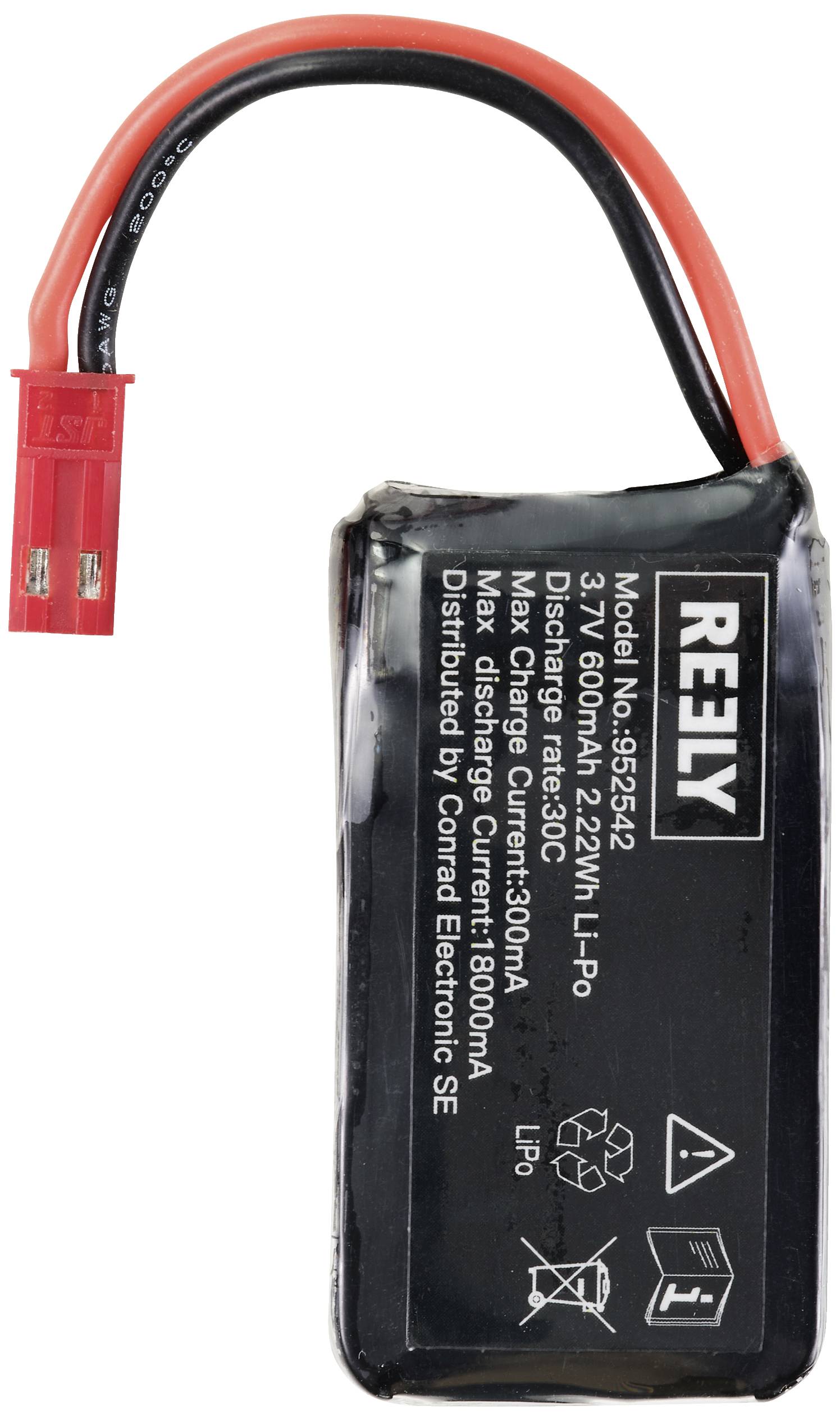 Schwarzer Akku der Marke RELY mit rotem Anschlusskabel. Aufschrift zeigt technische Spezifikationen: 3,7V, 600mAh, 2,22Wh, Li-Po.