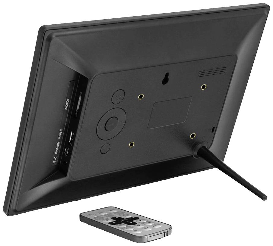 Digitaler Bilderrahmen von hinten gesehen, zeigt Steckplätze für USB und SD-Karten, mit herausstehender Antenne und Fernbedienung.