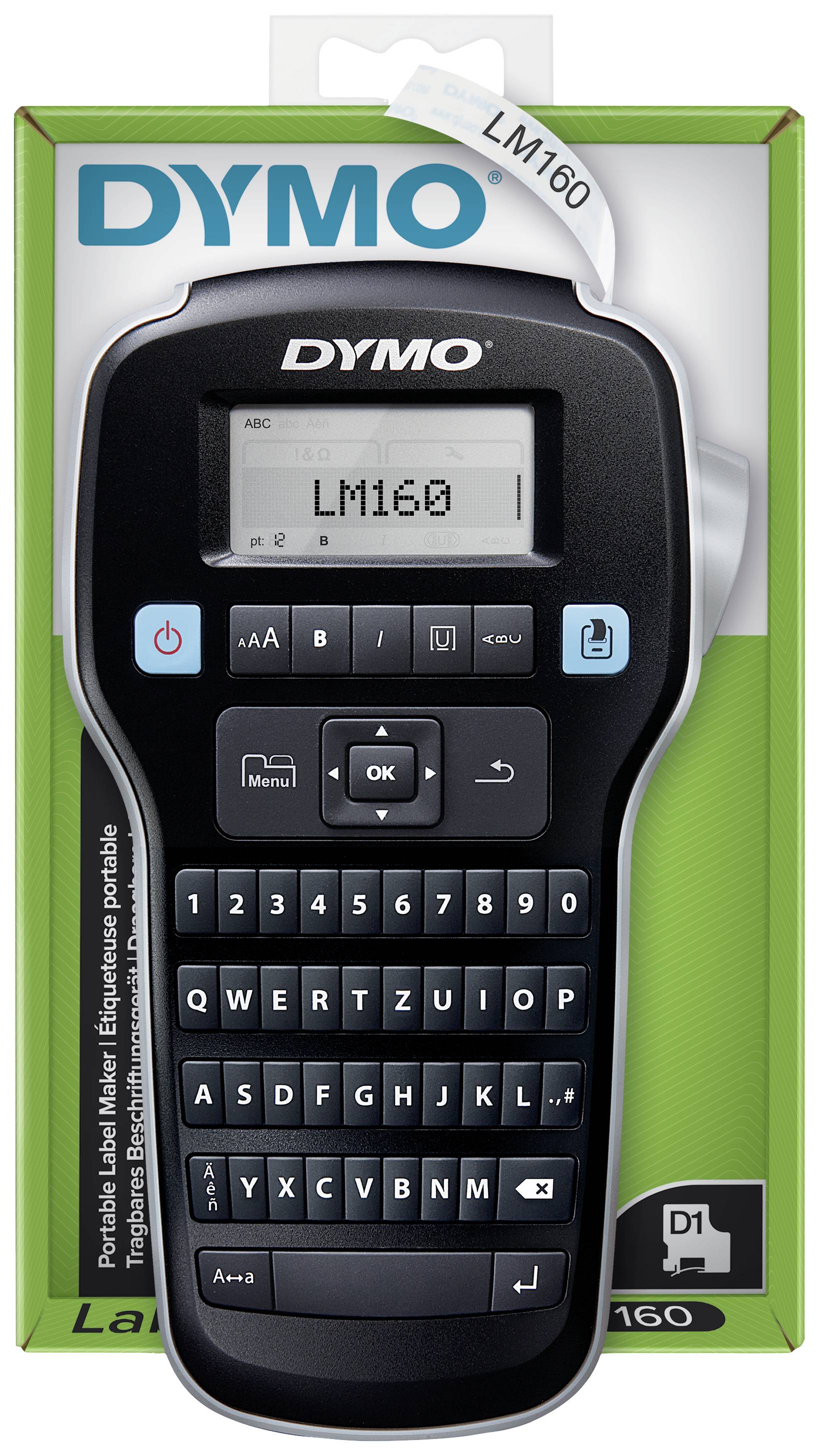 Ein Etikettiergerät der Marke DYMO, Modell LM160, mit QWERTZ-Tastatur und Bildschirm, auf dem 'LM160' angezeigt wird. Verpackt in einer grünen Schachtel.