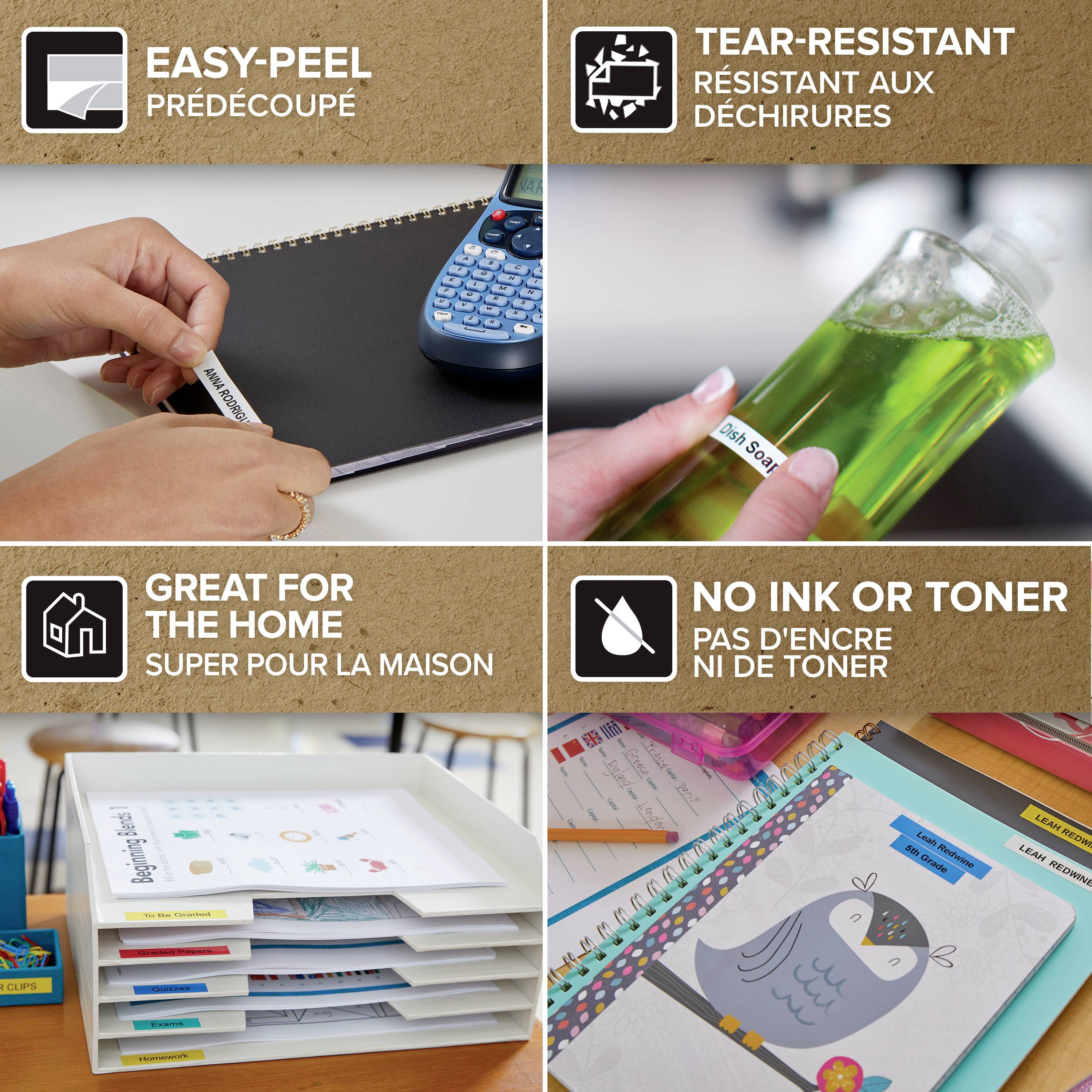 Das Bild zeigt vier Szenen, die Etikettenanwendungen darstellen: leicht ablösbares Etikett am Notizbuch, wischfestes Etikett an der Flasche, Etikettenablage im Regal, langlebige Etiketten.