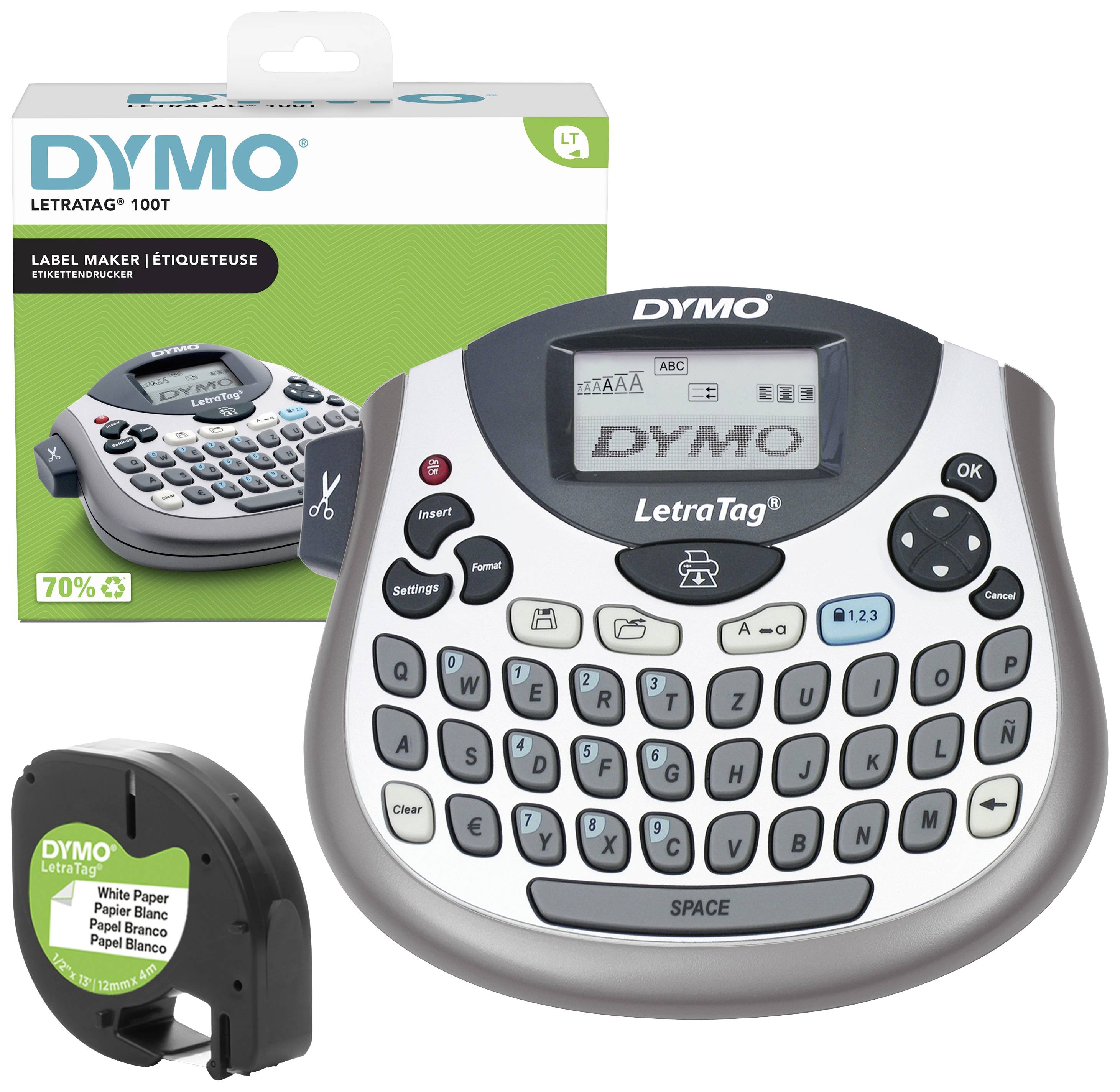 Elektronisches Beschriftungsgerät von DYMO mit Tastatur und Bildschirm. Verpackung und Ersatzrolle für Papieretiketten sind sichtbar.