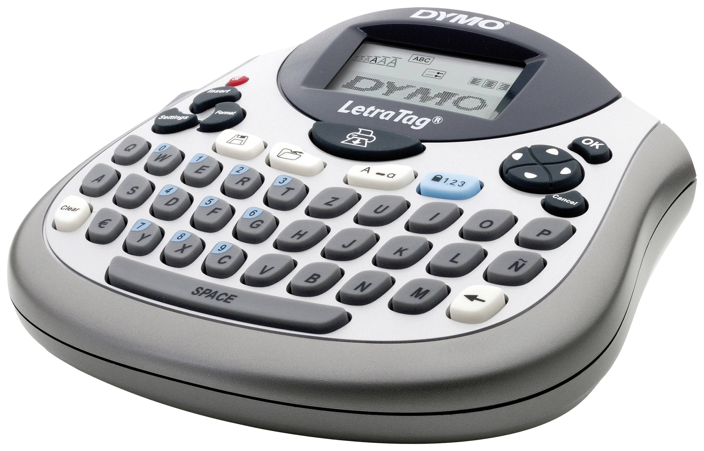 Tragbares Beschriftungsgerät mit QWERTZ-Tastatur, kleinem Display und Beschriftung 'DYMO LetraTag'. Eignet sich für Etikettenerstellung.