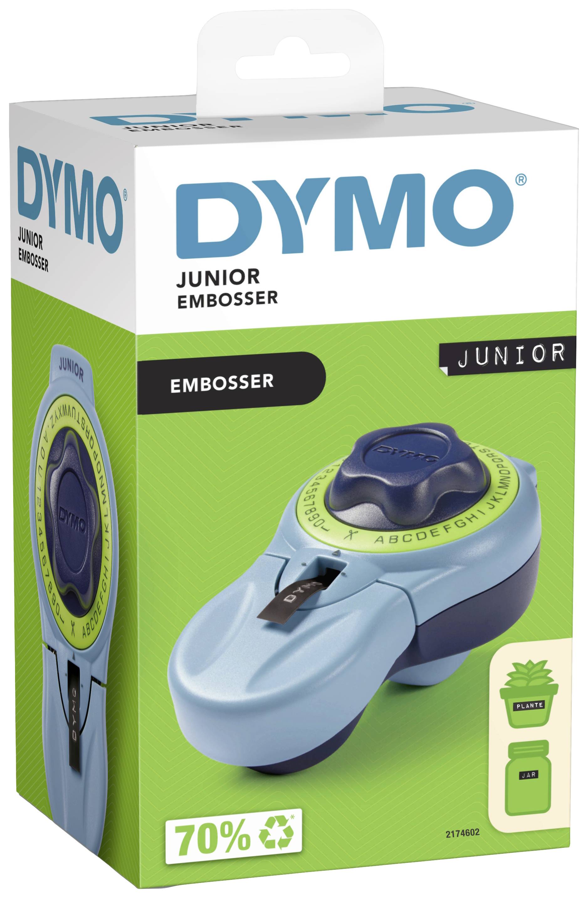 Eine blaue DYMO Junior Prägegerät-Verpackung. Zeigt das Produkt mit einem Drehrad für Buchstaben und einem Hebel zum Prägen.
