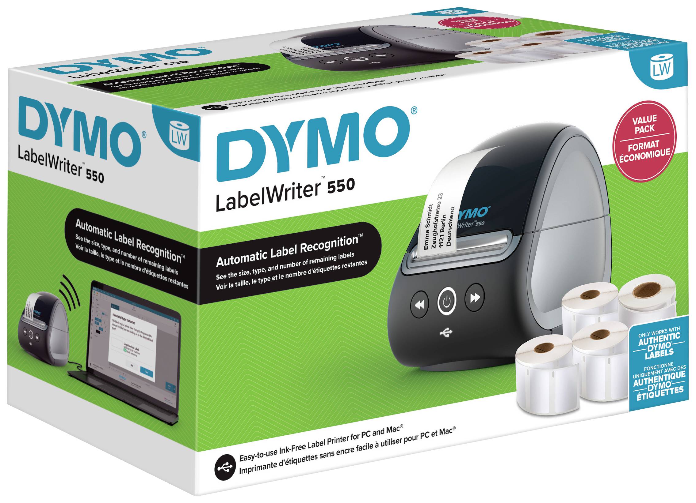 DYMO Labelwriter 550 Etiketten-Drucker Thermodirekt 300 x 300 dpi Etikettenbreite (max.): 61 mm Vorteilspack, USB