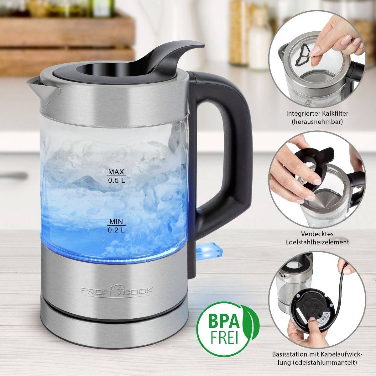 In der Mitte steht ein Wasserkocher mit blauem Licht. Links zeigt eine Skala das Fassungsvermögen an. Auf der rechten Seite sind Details wie verdecktes Heizelement und Kalkfilter gezeigt.