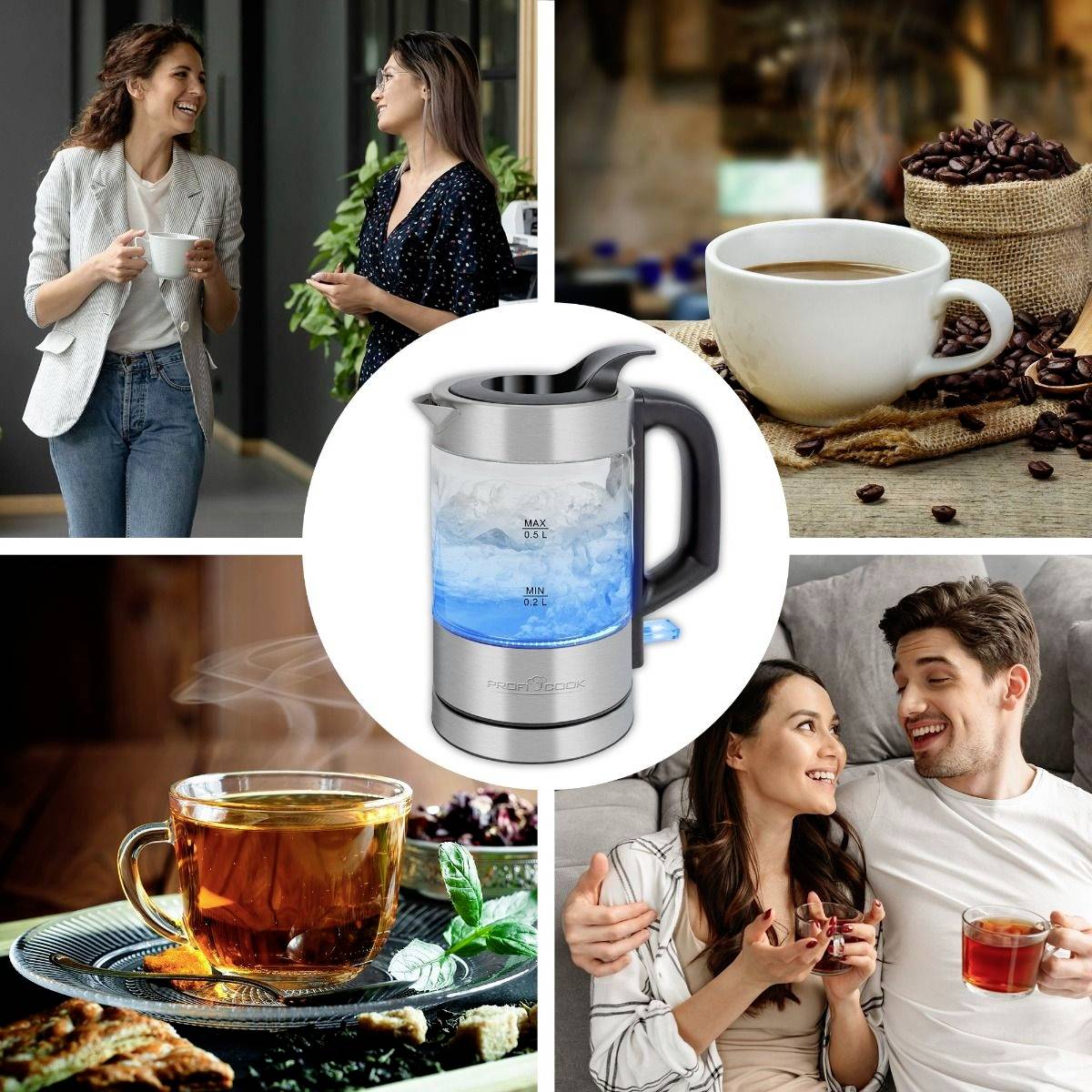 Ein Mann und eine Frau trinken Tee und Kaffee in entspannter Atmosphäre. Ein elektrischer Wasserkocher ist abgebildet.