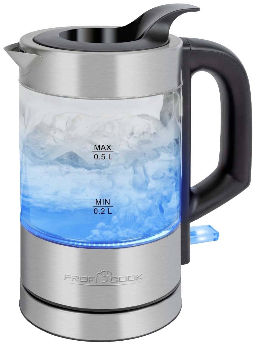 Ein elektrischer Wasserkocher mit Edelstahlgehäuse und Glasaufsatz. Innen blau beleuchtet mit Wasserstandsanzeige von 0,2 bis 0,5 Liter.