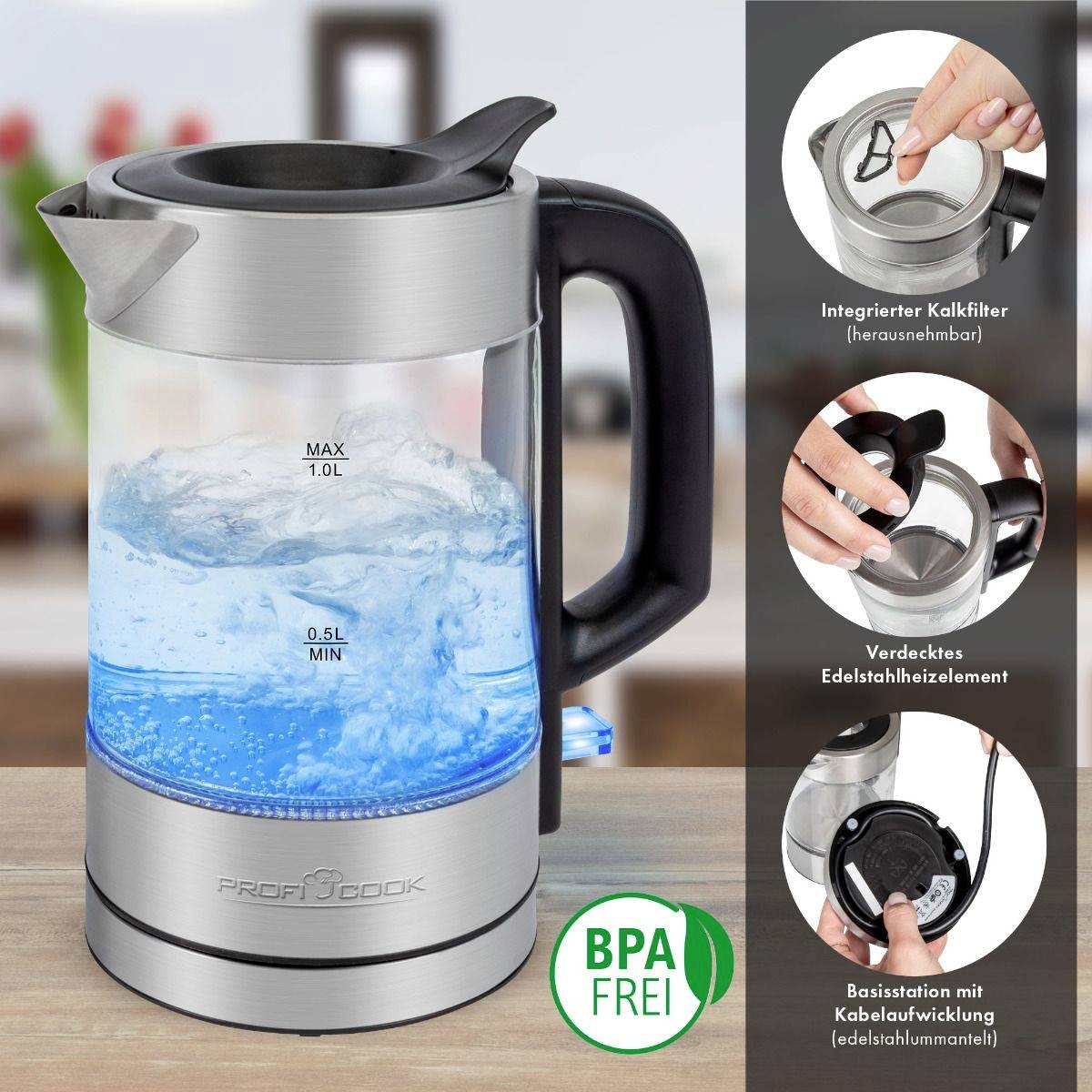 Profi Cook PC-WKS 1229 G Wasserkocher Inox Fassungsvermögen: 1.0 l