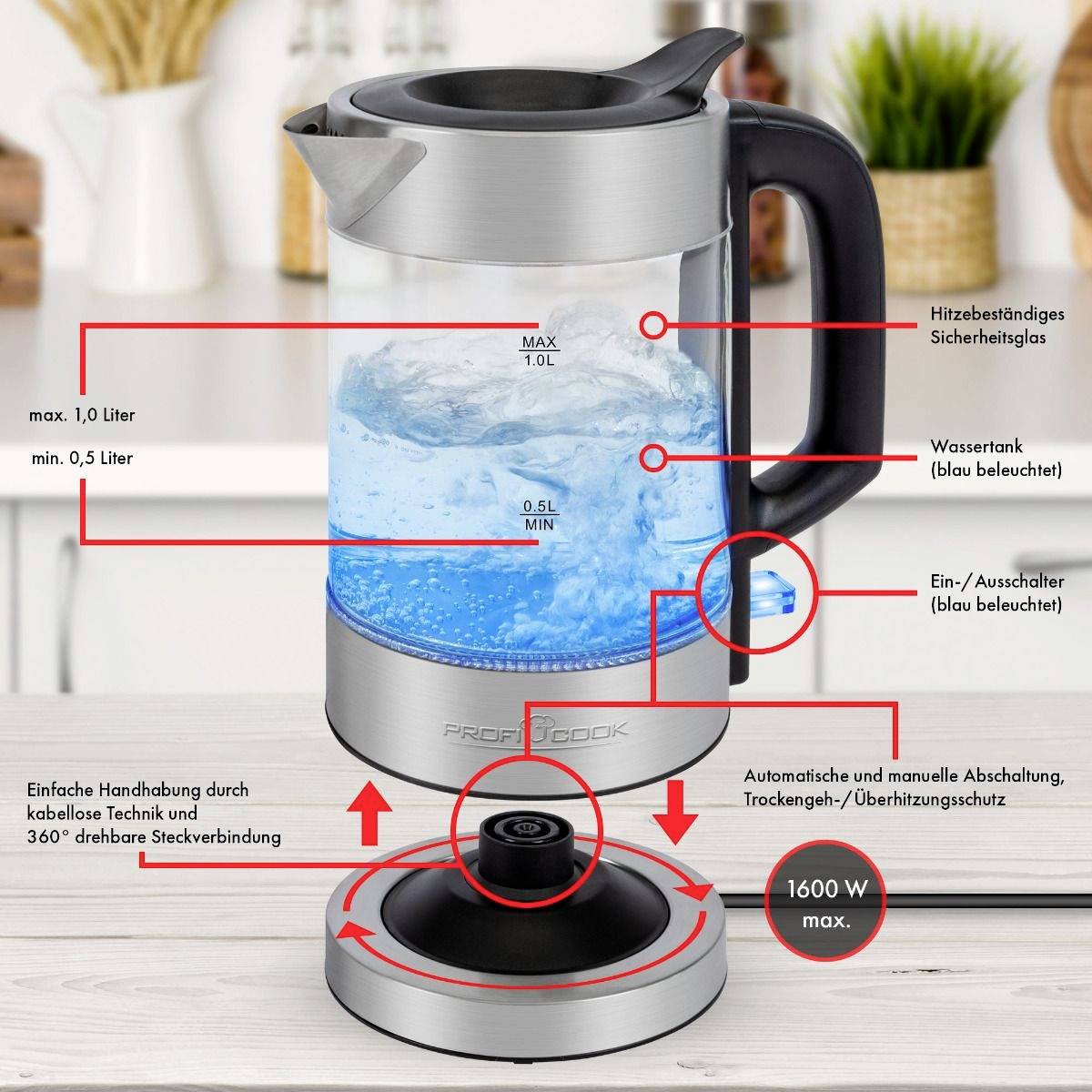 Profi Cook PC-WKS 1229 G Wasserkocher Inox Fassungsvermögen: 1.0 l