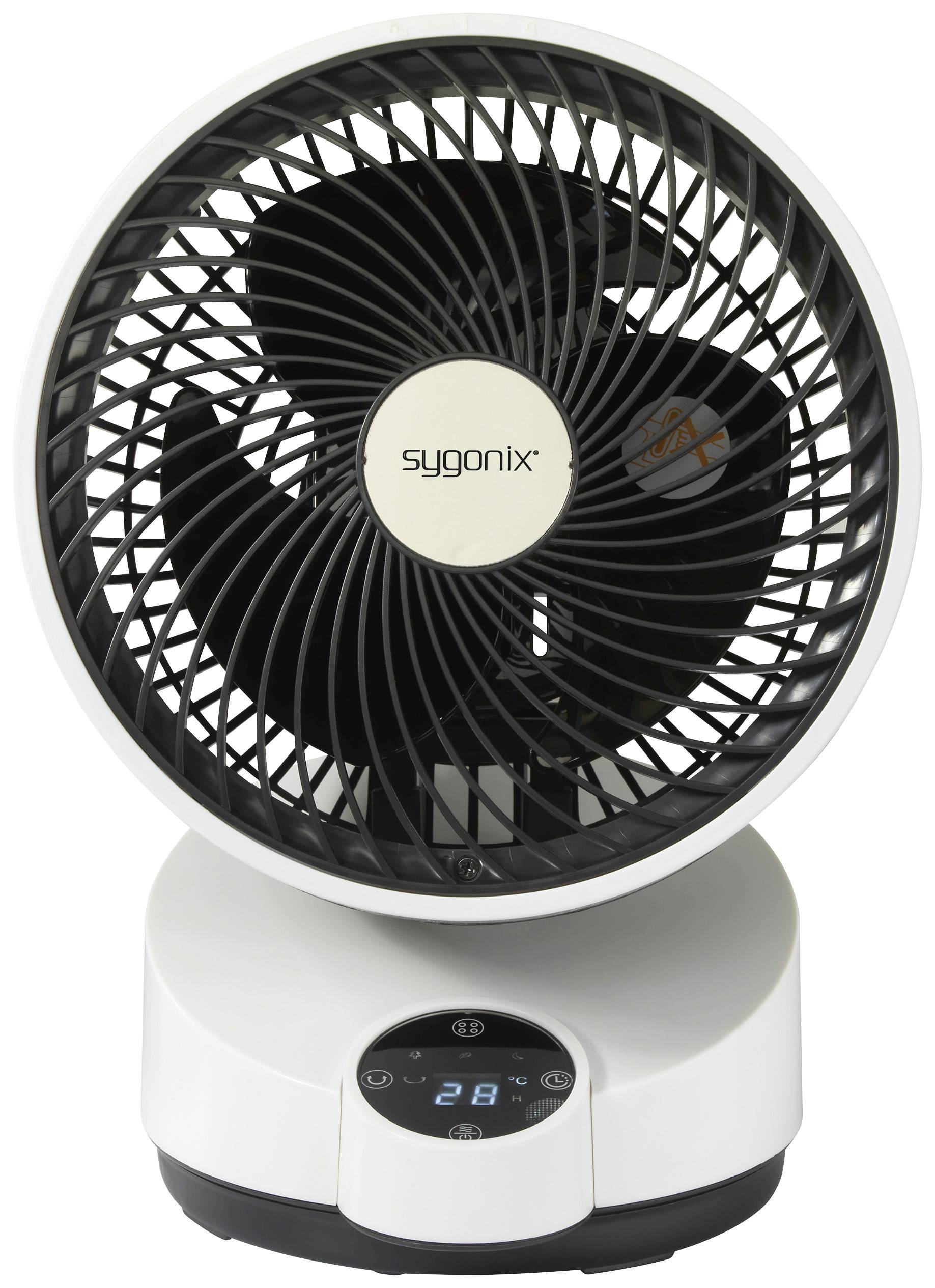 Sygonix Tischventilator 50W (Ø x H) 250mm x 318mm Schwarz, Weiß mit Fernbedienung, Oszillierend, Timer, LED-Display