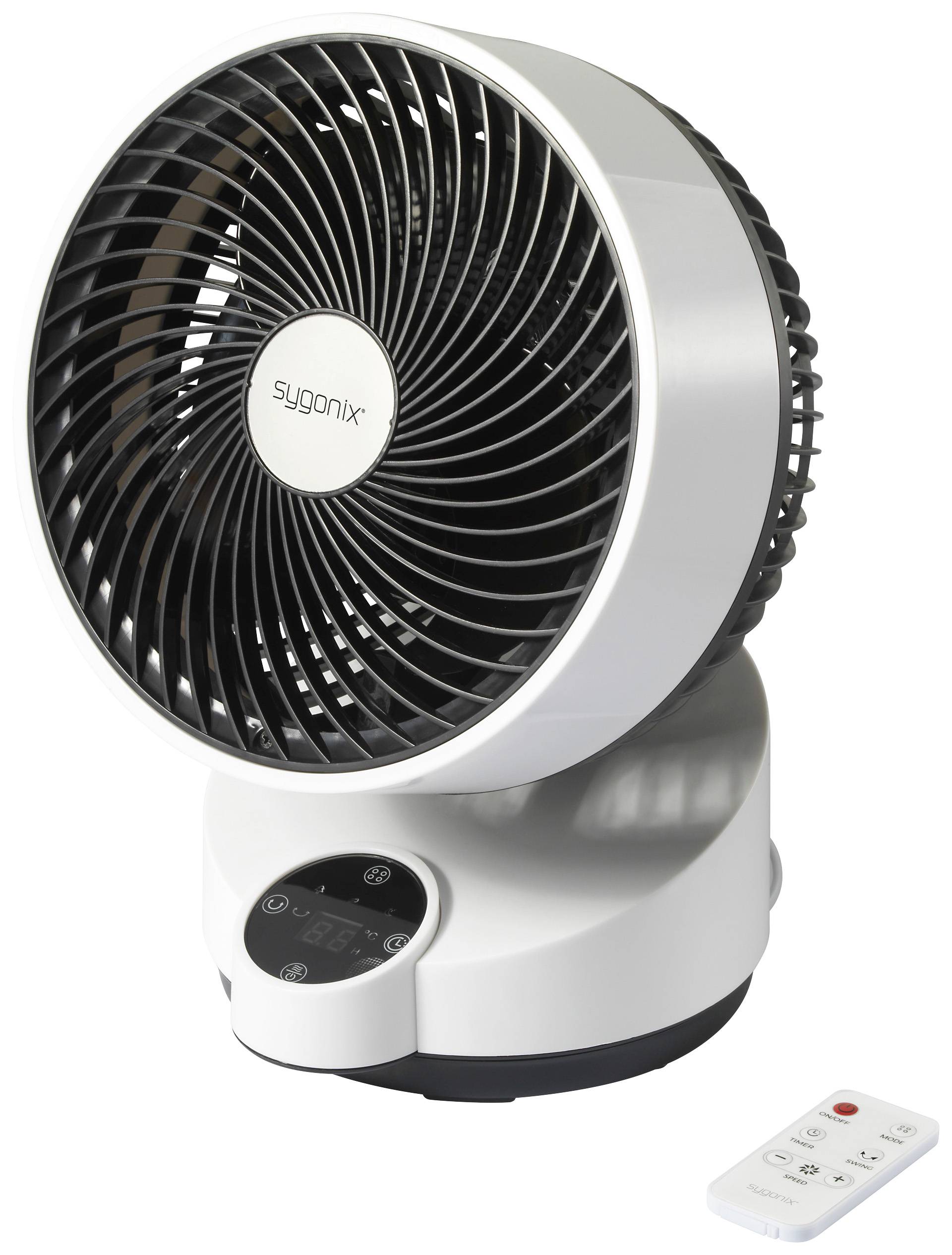 Sygonix Tischventilator 50 W (Ø x H) 250 mm x 318 mm Schwarz, Weiß mit Fernbedienung, Oszillierend, Timer, LED-Display