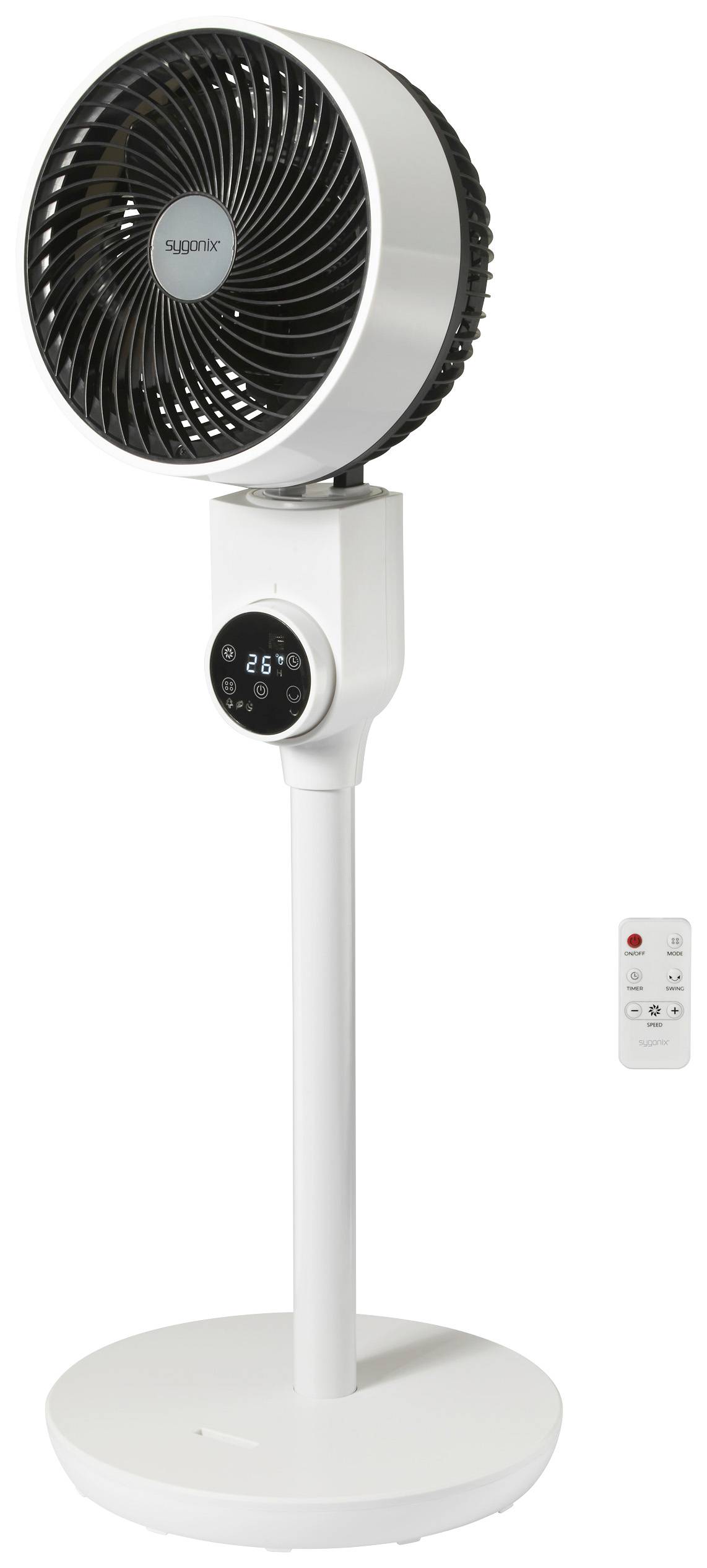 Sygonix Standventilator 50 W (Ø x H) 250 mm x 880 mm Weiß Höhenverstellbar, mit Fernbedienung, Oszillierend, LED-Display, Timer